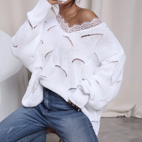 Boho knit sweater lace v neck scalloped edge white - Picture 2 of 3